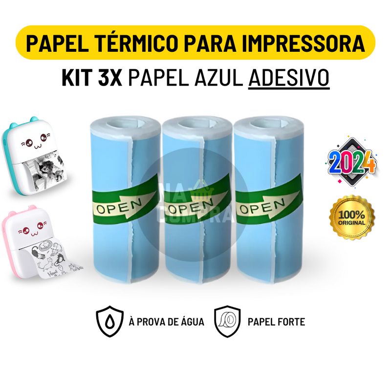 Kit 3 Bobina Rolo De Papel Térmico Adesivo 57*30mm Azul Para Mini Impressora Portátil De Gatinho