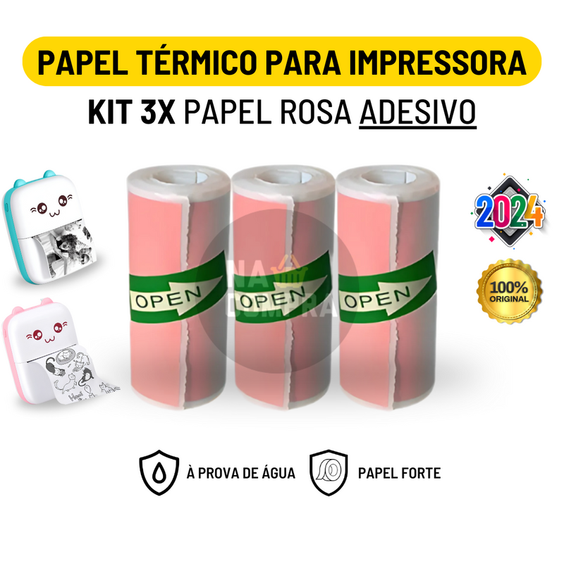 Kit 3 Bobina Rolo De Papel Térmico Adesivo 57*30mm Rosa Para Mini Impressora Portátil De Gatinho